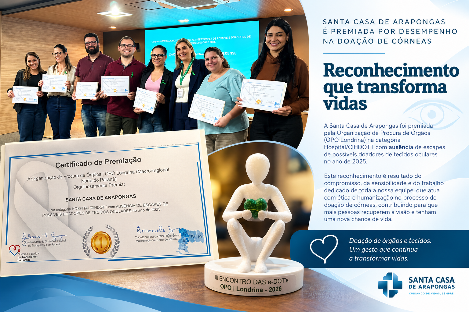 Santa Casa de Arapongas recebe premiação por excelência na identificação de potenciais doadores de córneas